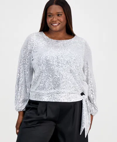 Tahari Asl Plus Size Sequin Blouson-sleeve Top In Silver