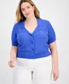 Tahari Asl Plus Size Short-sleeve Pointelle Cardigan In Pacific Blue