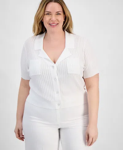 Tahari Asl Plus Size Short-sleeve Pointelle Cardigan In White