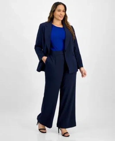Tahari Asl Plus Size Single Button Crepe Blazer Wide Leg Pants In Navy