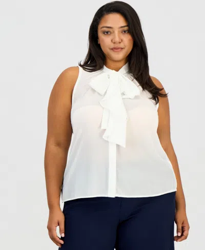 Tahari Asl Plus Size Sleeveless Ruffled Bow Blouse In White