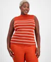 Tahari Asl Plus Size Striped Mock-neck Sleeveless Sweater In Orange