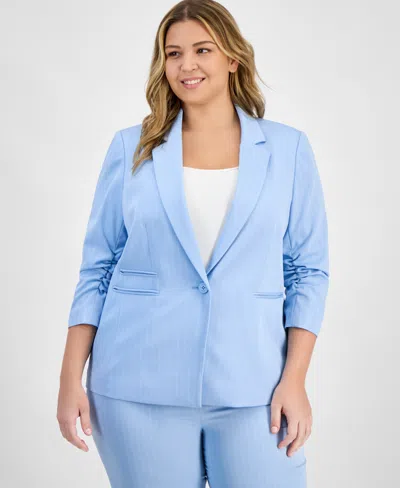 Tahari Asl Plus Size Striped Ruched-sleeve Blazer In Ice Blue