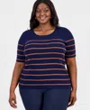 Tahari Asl Plus Size Striped Short-sleeve Crewneck Sweater In Blue