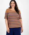 Tahari Asl Plus Size Striped Short-sleeve Top In Brown
