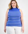 Tahari Asl Plus Size Striped Sleeveless Sweater In Pacific Blue Ivory