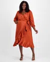 Tahari Asl Plus Size Surplice V-neck Belted Midi Dress In Orange