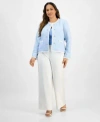 Tahari Asl Plus Size Textured Blazer U Neck Tank Top Wide Leg Pants In Ice Blue