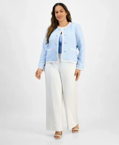 Tahari Asl Plus Size Textured Blazer U Neck Tank Top Wide Leg Pants In Ice Blue