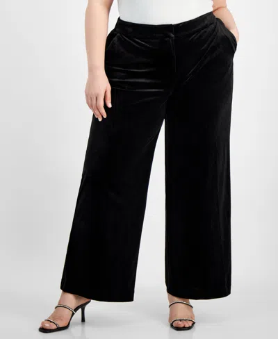 Tahari Asl Plus Size Velvet Mid-rise Wide-leg Pants In Black
