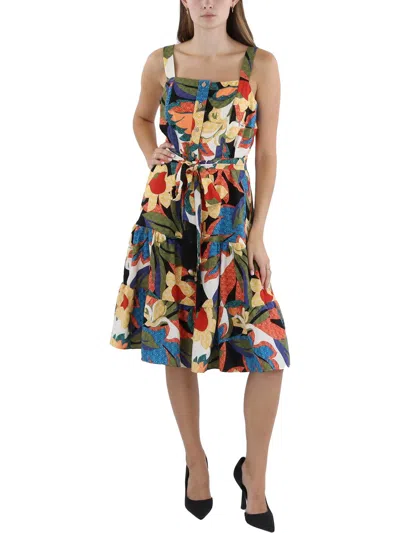 Tahari Asl Plus Womens Tie-waist Mid-calf Midi Dress In Multi