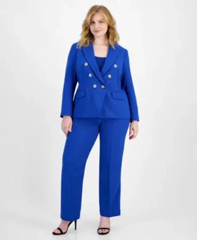 Tahari Asl Plus Womens Twill Double Breasted Peak Lapel Blazer Ribbed Scoop Neck Sweater Tank Bell Bottom Pants In New Royal