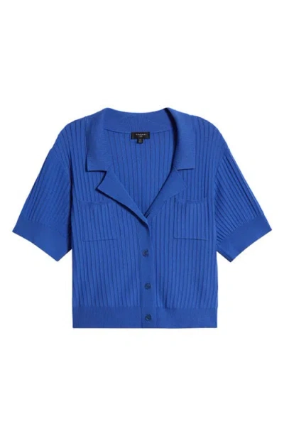 Tahari Asl Pointelle Stitch Short Sleeve Cardigan In Pacific Blue