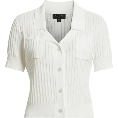 Tahari Asl Pointelle Stitch Short Sleeve Cardigan In White