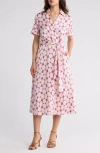 Tahari Asl Polka Dot Short Sleeve Faux Wrap Shirtdress In Orchid Sand