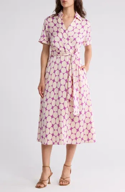 Tahari Asl Polka Dot Short Sleeve Faux Wrap Shirtdress In Orchid Sand