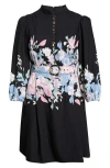 Tahari Asl Print Belted Long Sleeve Dress In Black