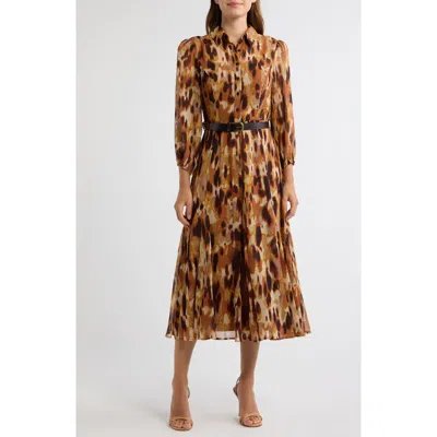 Tahari Asl Print Belted Long Sleeve Maxi Shirtdress In Multi