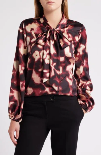 Tahari Asl Print Bow Neck Shirt In Mulberry Multi