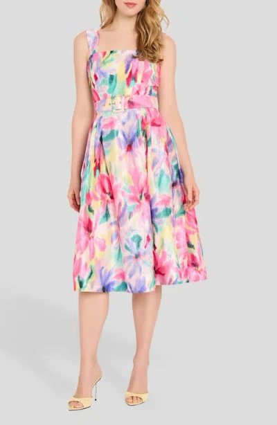 Tahari Asl Print Crinkle Belted Fit & Flare Dress In Multi
