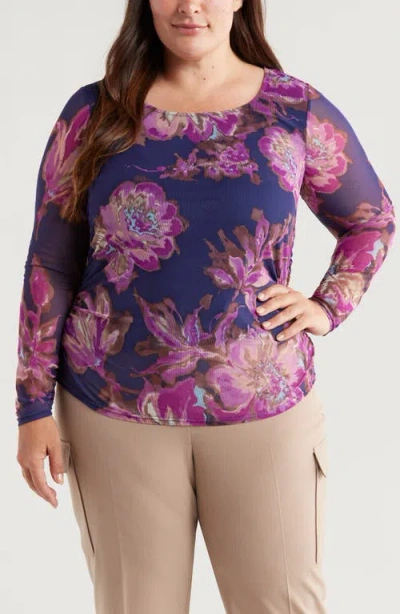 Tahari Asl Print Mesh Top In Indigo Floral