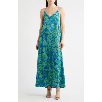 Tahari Asl Print Pocket Sleeveless Maxi Dress In Blue