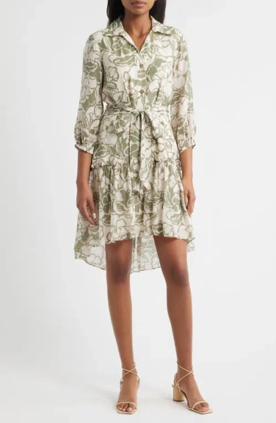 Tahari Asl Print Tie Belt Shirtdress In Brown