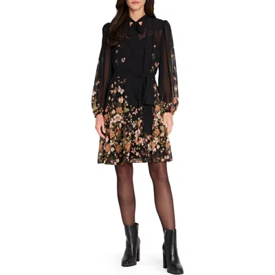 Tahari Asl Print Tie Waist Long Sleeve Dress In Multi