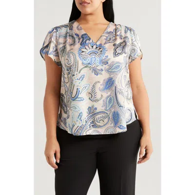 Tahari Asl Print Tulip Sleeve Top In Sand Paisley