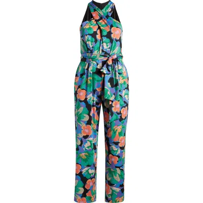 Tahari Asl Print Twist Neck Tie Waist Sleeveless Jumpsuit In Green