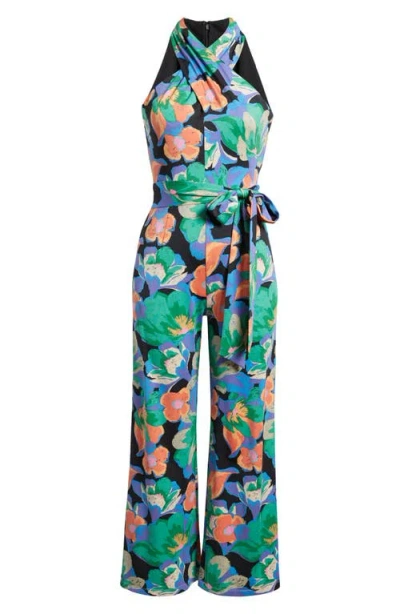 Tahari Asl Print Twist Neck Tie Waist Wide Leg Jumpsuit In Black/green/orange Multi