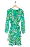 TAHARI ASL PRINTED LONG SLEEVE FAUX WRAP DRESS