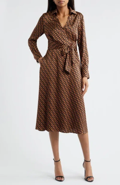 Tahari Asl Printed Long Sleeve Faux Wrap Matte Satin Shirtdress