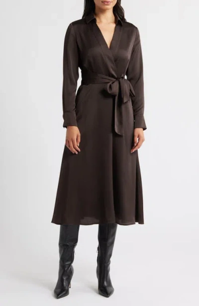 Tahari Asl Printed Long Sleeve Faux Wrap Matte Satin Shirtdress