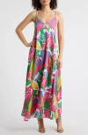 Tahari Asl Printed Maxi Sundress In Rasberry Floral