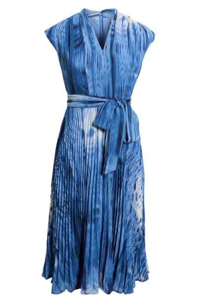 Tahari Asl Printed Plissé Tie Waist Midi Dress In Blue