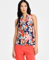 Tahari Asl Floral Sailor Tie Neck Sleeveless Top In Navy Coral Floral