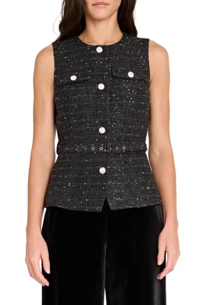 Tahari Asl Rhinestone Bouclé Vest In Black