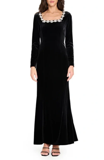 Tahari Asl Rhinestone Neck Long Sleeve Velvet Gown In Black