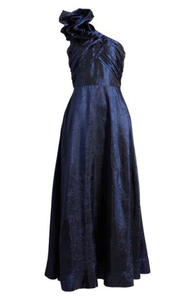 Tahari Asl Rosette One-shoulder Ball Gown In Blue