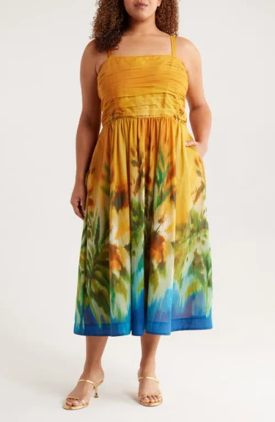 Tahari Asl Ruched Bodice Cotton Midi Sundress