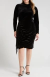 Tahari Asl Ruched Fringe Long Sleeve Stretch Velvet Dress In Black