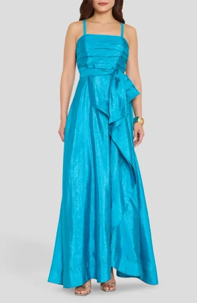 Tahari Asl Ruched Metallic Sleeveless Gown In Blue