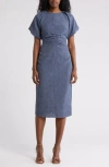 Tahari Asl Ruched Puff Sleeve Body-con Midi Dress In Denim