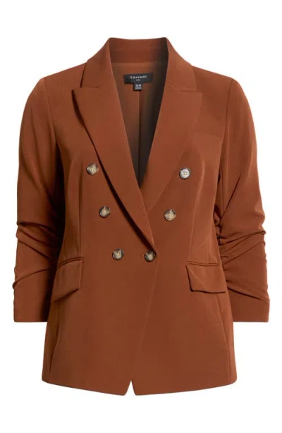 Tahari Asl Ruched Sleeve Double Breasted Blazer In Brown
