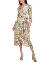 Tahari Asl Floral Print Tie Waist Long Sleeve Faux Wrap Midi Dress In Green