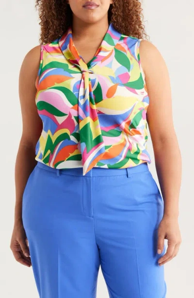 Tahari Asl Sailor Leaf Print Tie Neck Sleeveless Top In Clover Swirl