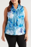 Tahari Asl Plus Size Printed Sailor Tie-neck Blouse In Teal Blue Floral