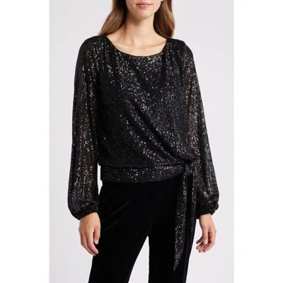 Tahari Asl Sequin Bow Hem Top In Black