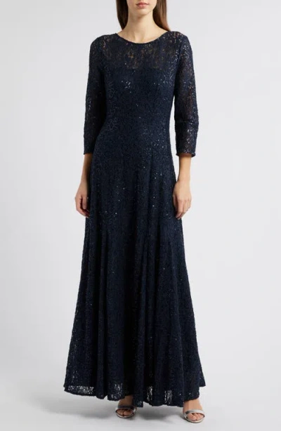 Tahari Asl Sequin Lace A-line Gown In Navy